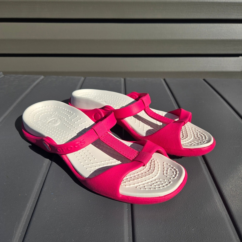 Crocs Cleo III Strap Sandals Womens 8 Pink White Strappy Comfort Slides. Smoke!